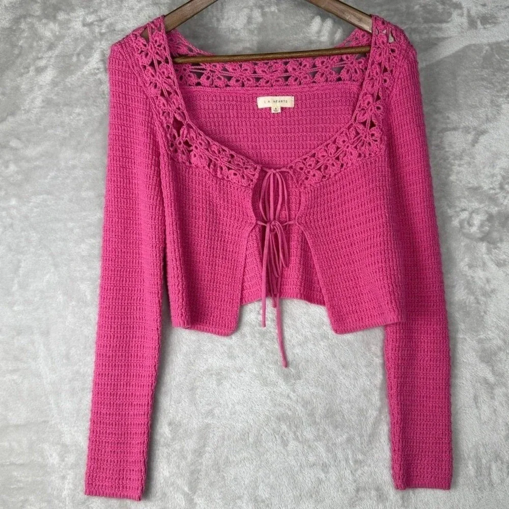 Wimsigoth Pink Crochet Square Neck Long Sleeve Sweater Top Women's Small‎